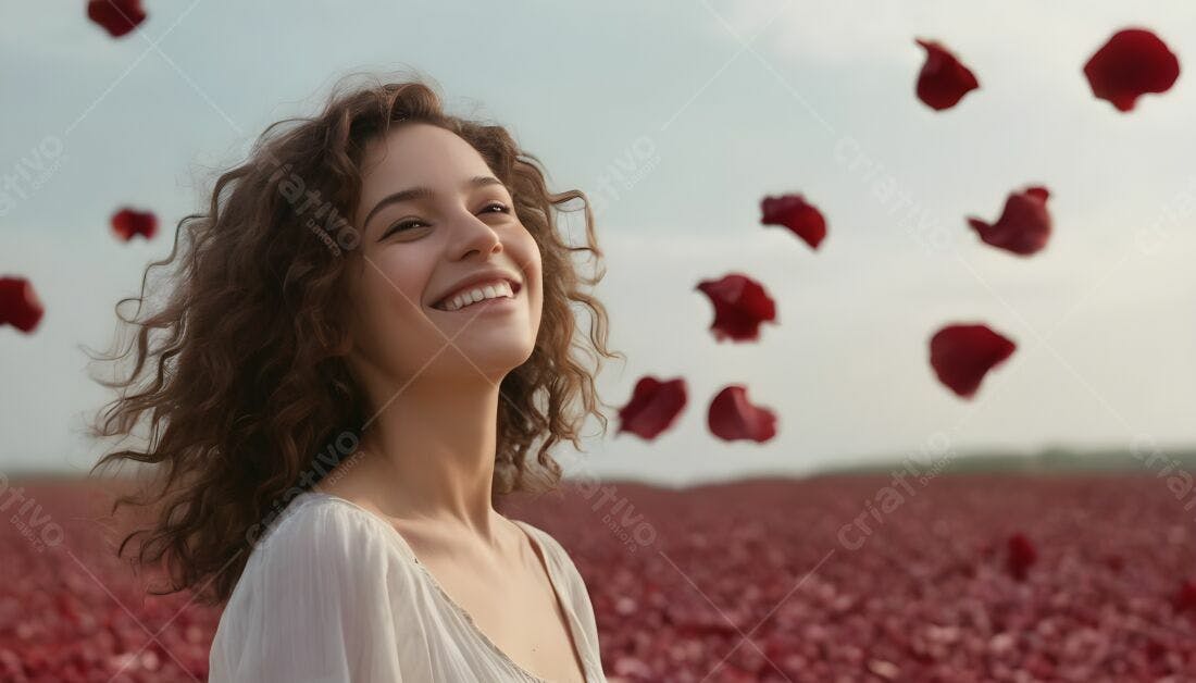 Mulher feliz em campo de pétalas vermelhas