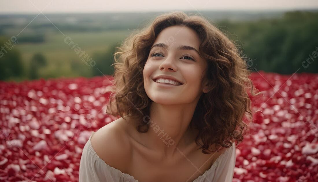 Mulher feliz em campo de flores vermelhas