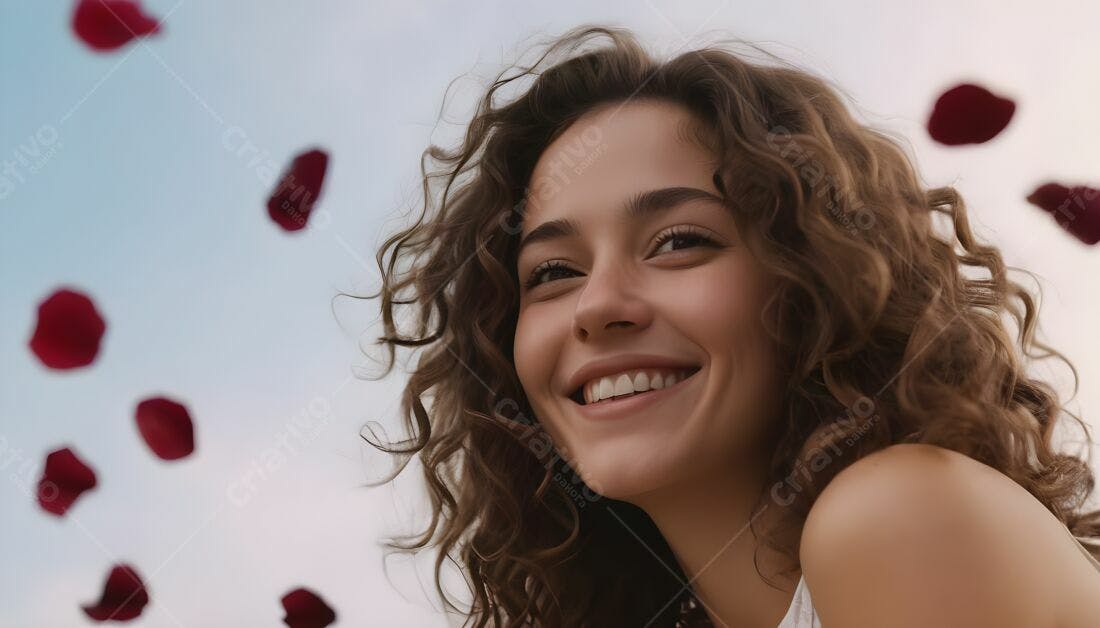 Mulher feliz com pétalas de rosa