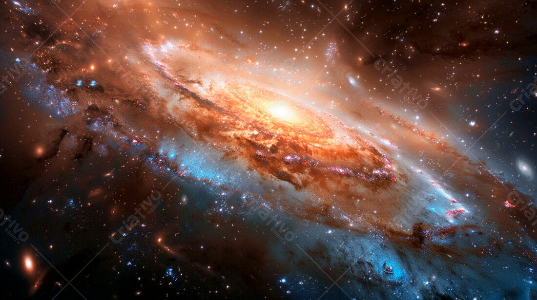 Galáxia espiral tons laranja e azul