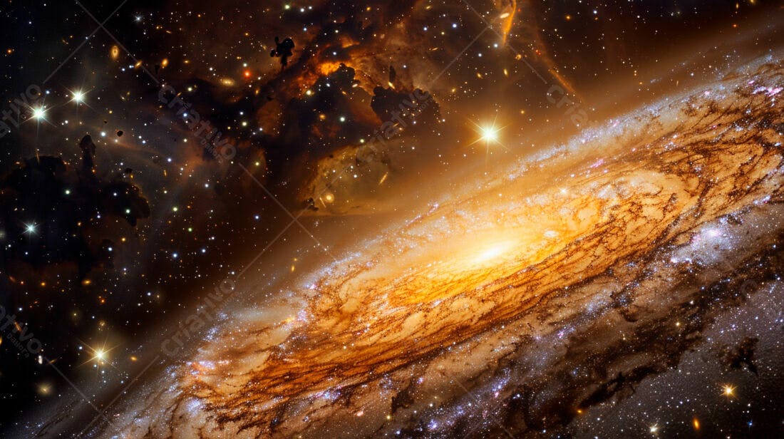 Galáxia espiral dourada e escura no espaço