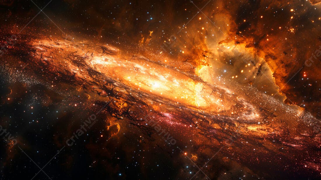 Galáxia espiral em tons de laranja e vermelho