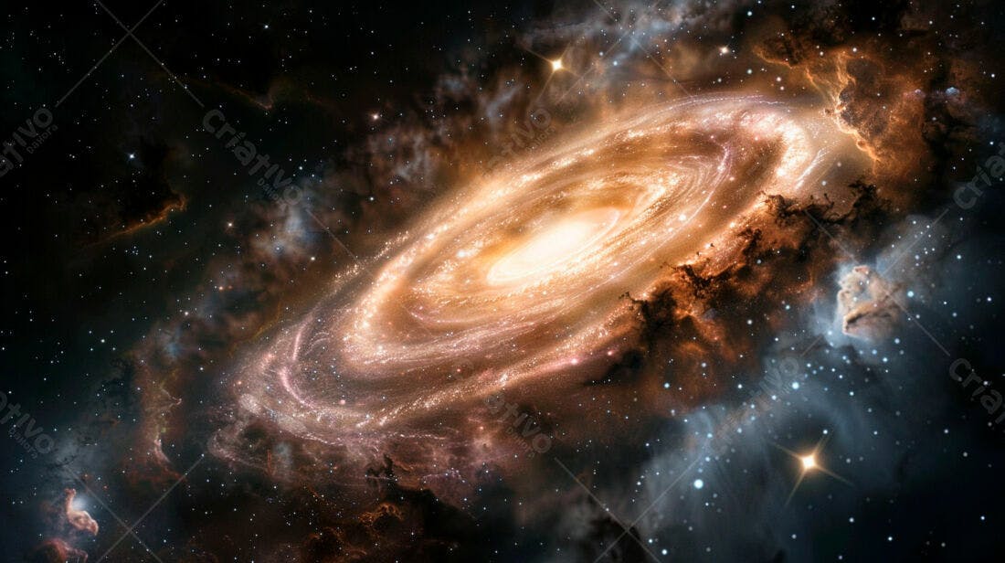 Galáxia espiral tons dourados e marrons