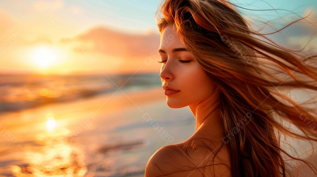 Mulher na praia ao pôr do sol