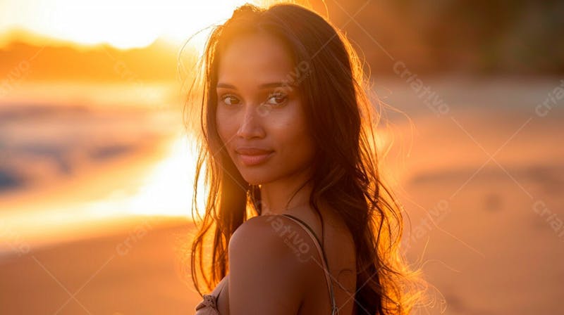 Mulher com pele bronzeada em um por do sol na praia 4