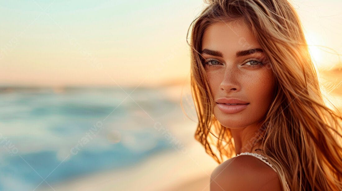 Modelo feminina na praia ao entardecer