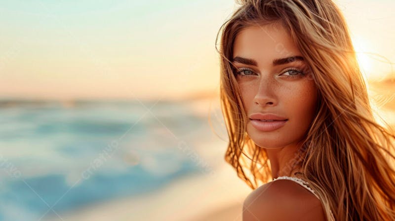 Mulher com pele bronzeada em um por do sol na praia 5