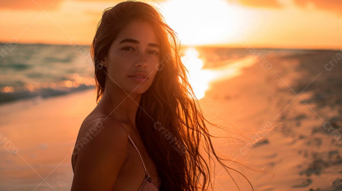Mulher na Praia ao Pôr do Sol