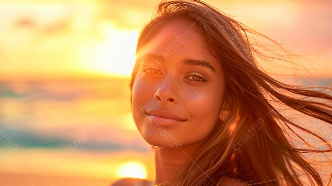 Mulher sorrindo ao pôr do sol na praia