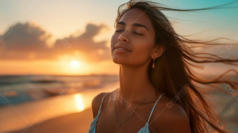 Mulher com pele bronzeada em um por do sol na praia 13