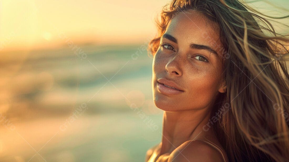 Mulher bronzeada na praia ao entardecer