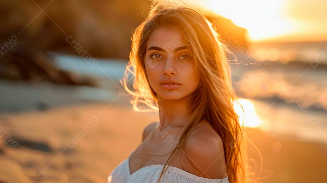 Modelo mulher praia pôr do sol dourado
