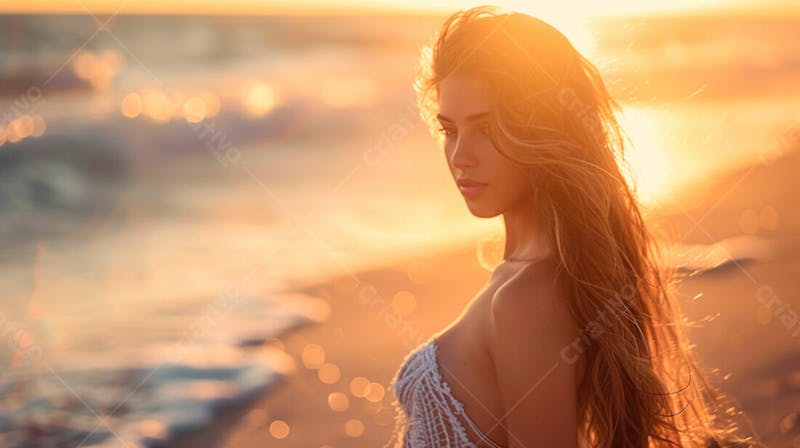 Mulher com pele bronzeada em um por do sol na praia 16