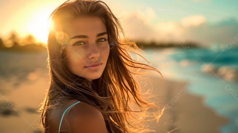 Mulher com pele bronzeada em um por do sol na praia 17
