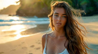 Mulher Com Pele Bronzeada Em Um Por Do Sol Na Praia 18