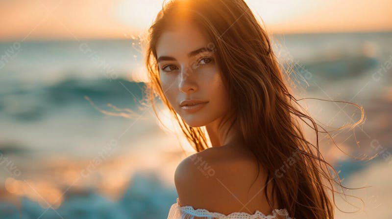 Mulher com pele bronzeada em um por do sol na praia 19