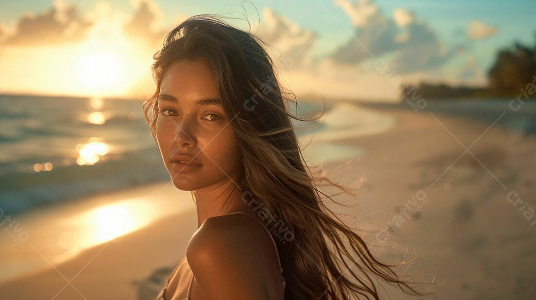 Modelo na praia ao pôr do sol