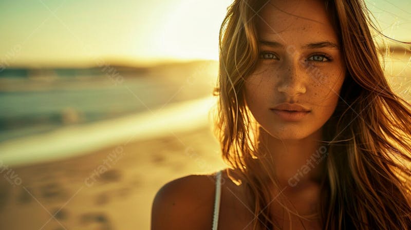 Mulher com pele bronzeada em um por do sol na praia 21