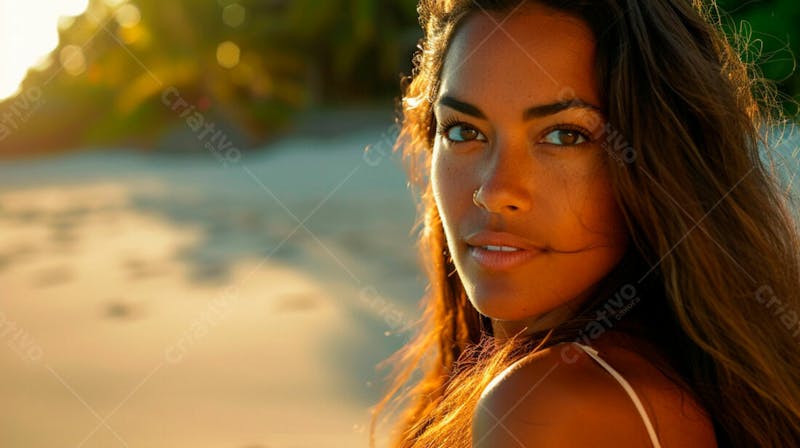 Mulher com pele bronzeada em um por do sol na praia 22