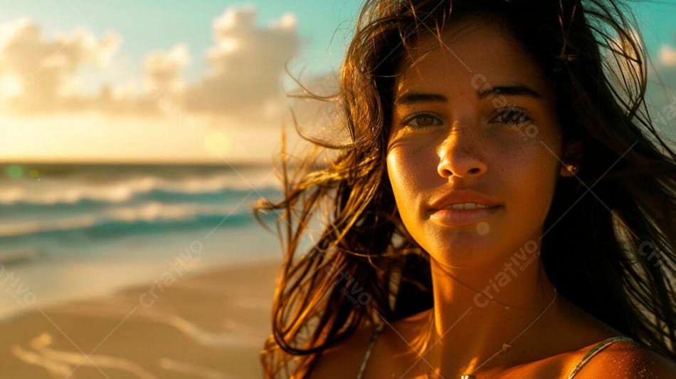 Mulher com pele bronzeada em um por do sol na praia 23