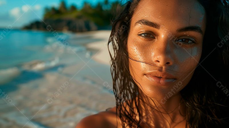 Mulher com pele bronzeada em um por do sol na praia 24