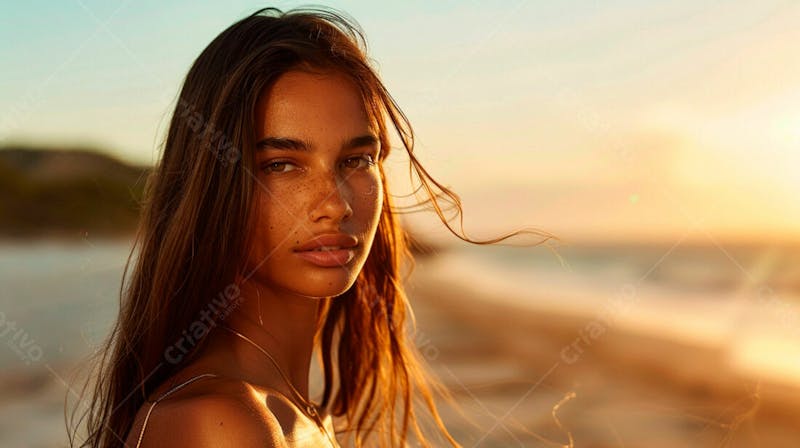 Mulher com pele bronzeada em um por do sol na praia 25