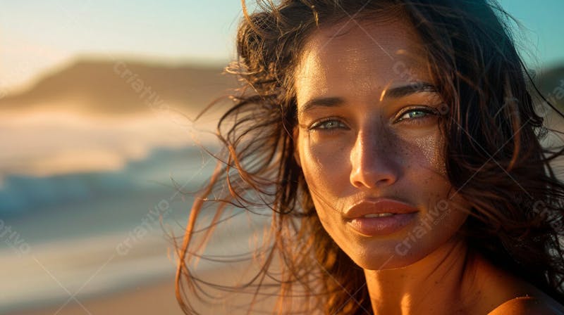 Mulher com pele bronzeada em um por do sol na praia 26