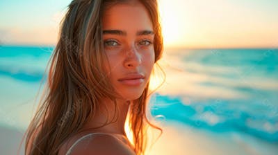 Mulher Com Pele Bronzeada Em Um Por Do Sol Na Praia 27