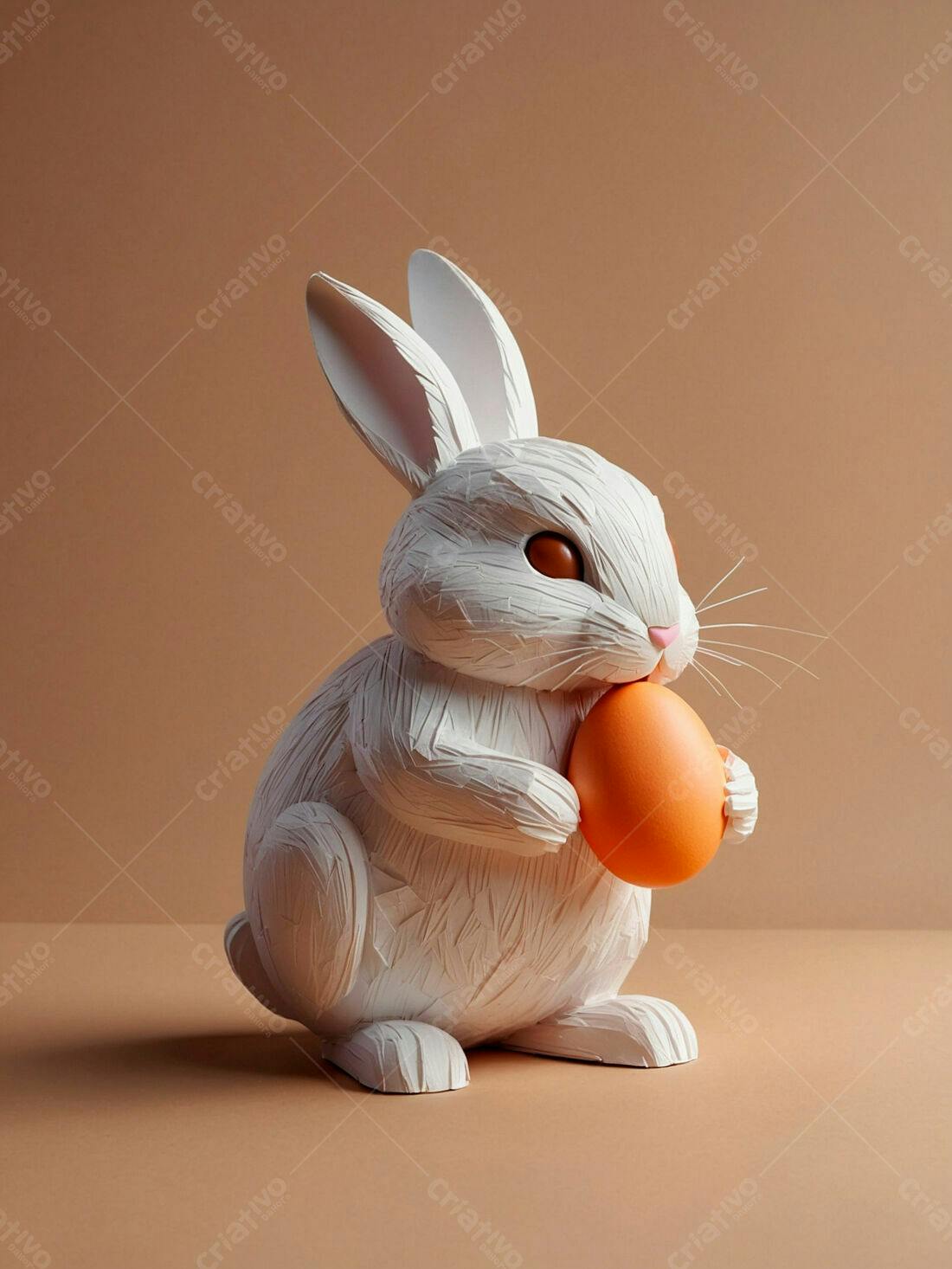 Coelho branco segurando ovo laranja Páscoa