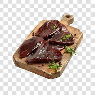Imagem ia fígado bovino em cima de tábua de madeira rústica com fundo transparente
