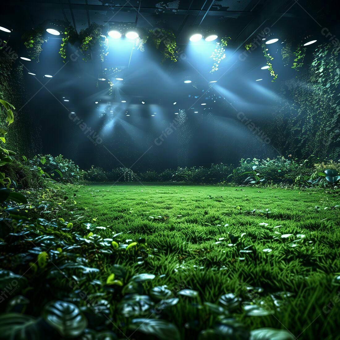 Gramado verde iluminado em ambiente fechado