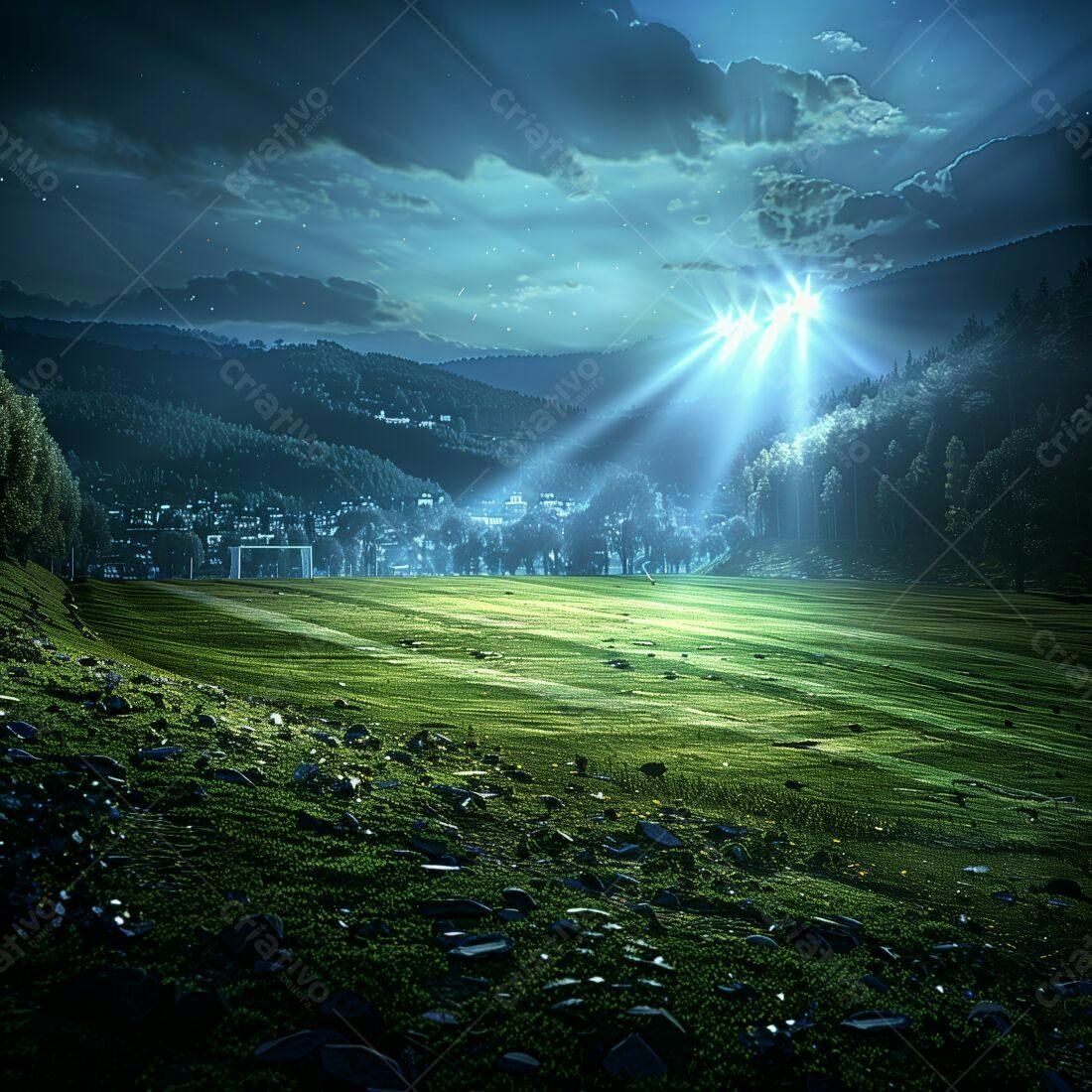 Campo de futebol noturno iluminado