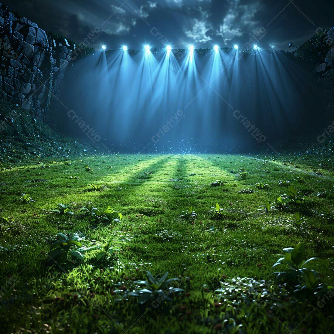 Campo de futebol noturno iluminado