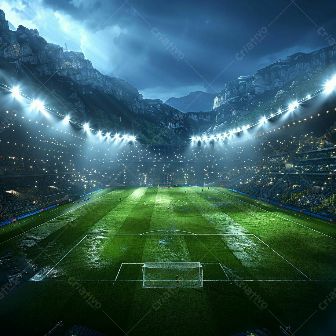 Estádio de futebol noturno sob as montanhas