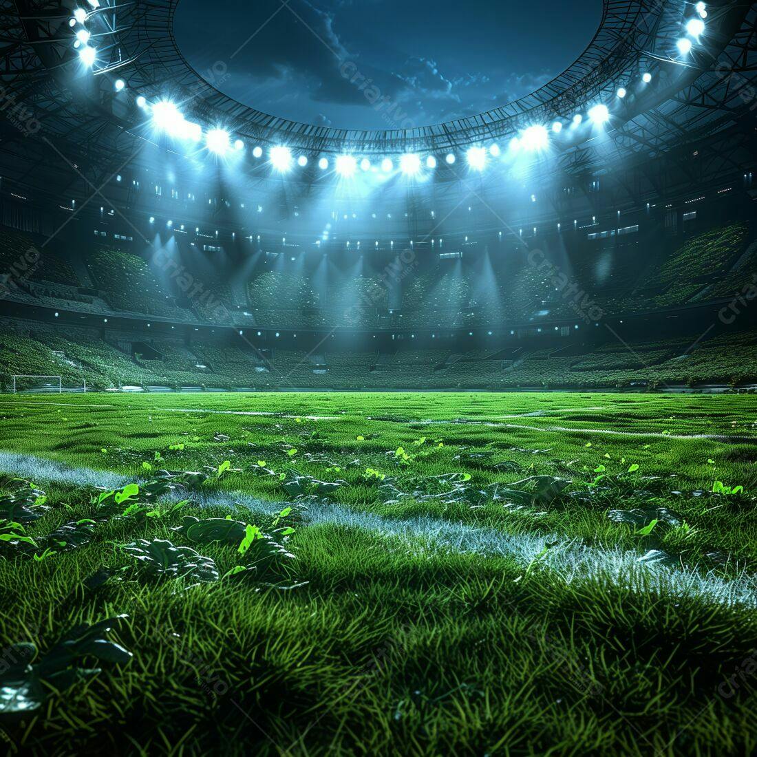 Estádio de futebol noturno gramado crescido