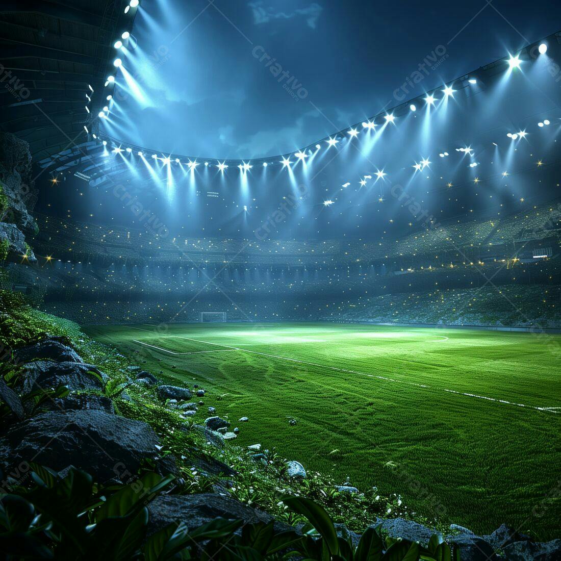Estádio de futebol noturno iluminado