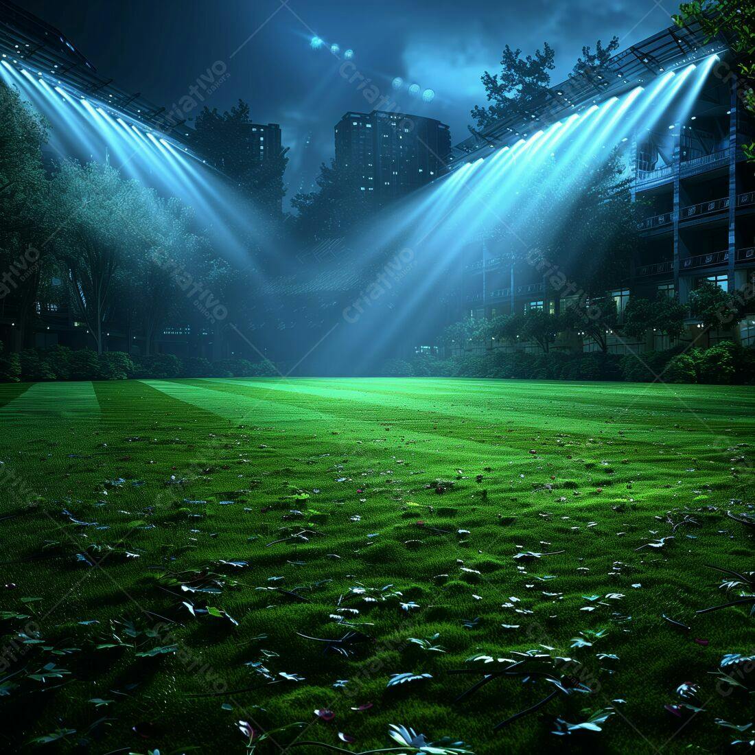 Campo de grama verde iluminado à noite