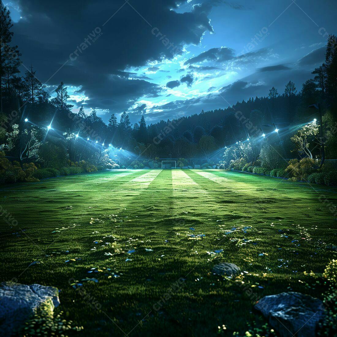 Campo de futebol noturno iluminado
