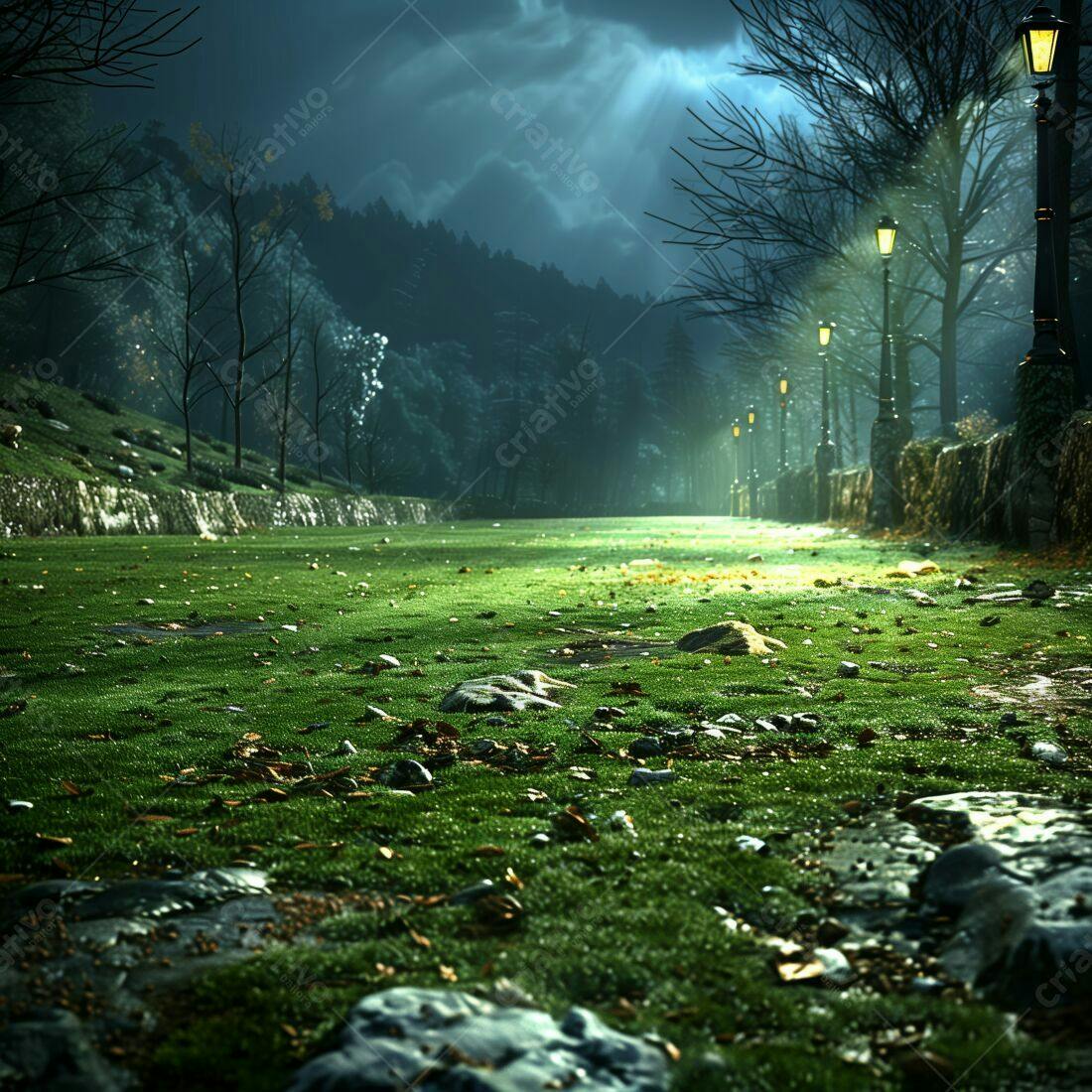 Caminho iluminado em parque noturno chuvoso