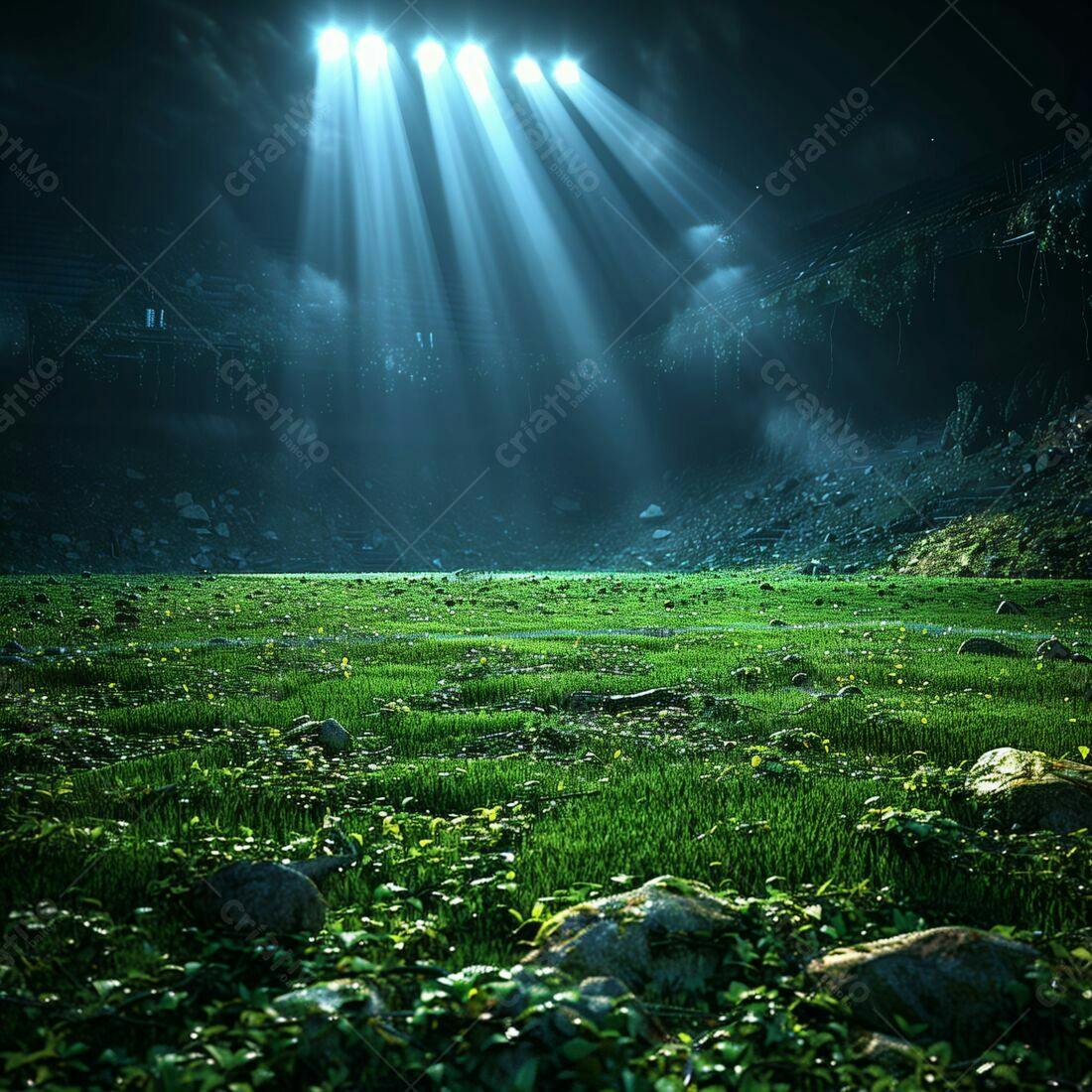 Campo gramado iluminado em estádio abandonado