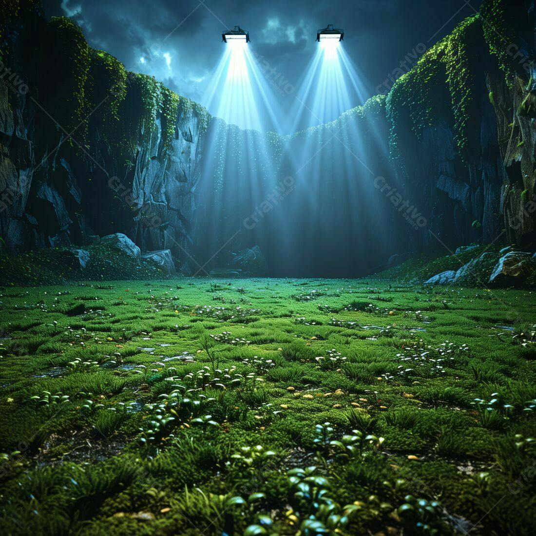 Campo iluminado entre rochas cobertas de musgo à noite