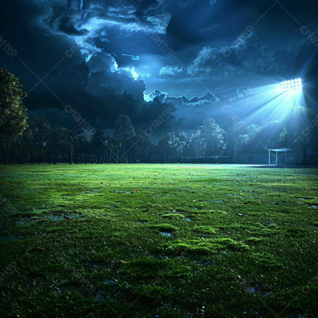 Campo de futebol noturno iluminado