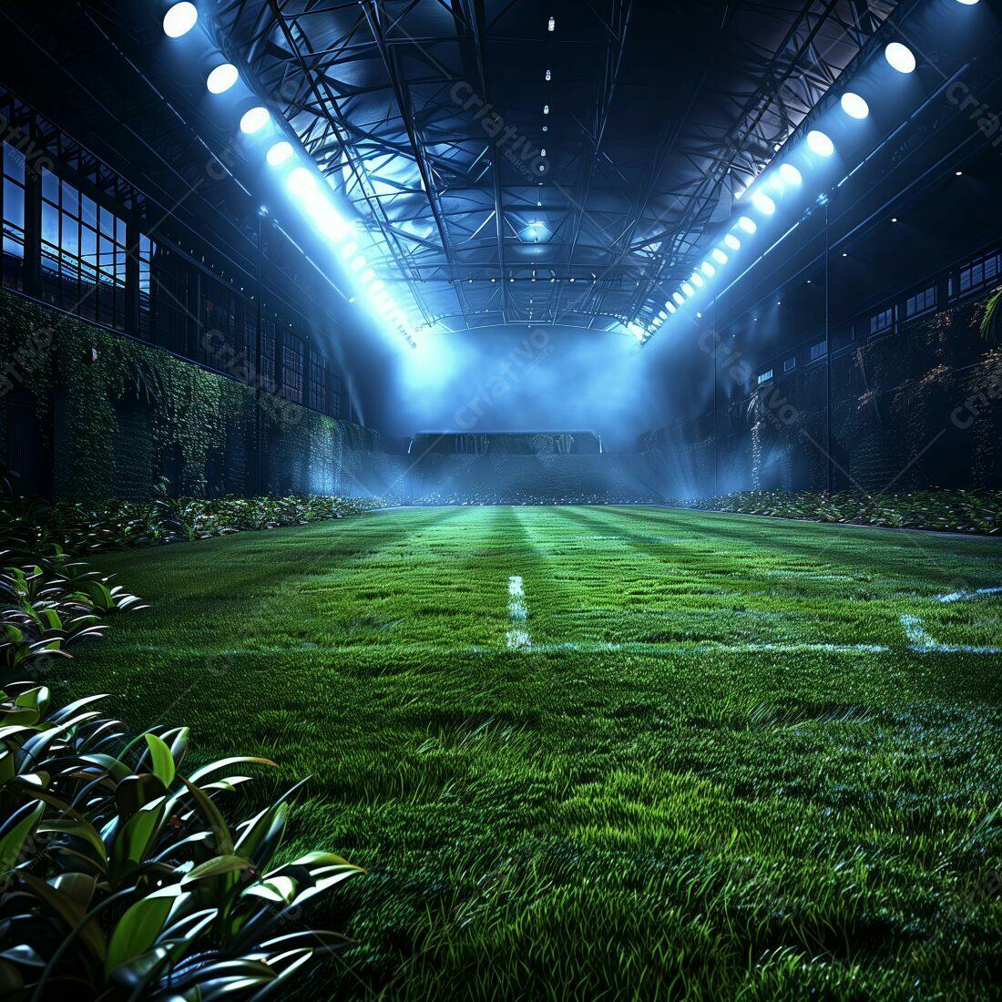 Campo de futebol indoor com vegetação noturna