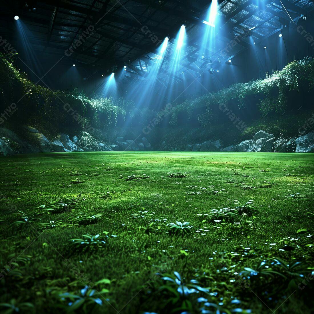 Campo Gramado Iluminado em Ambiente Envolvido por Vegetação