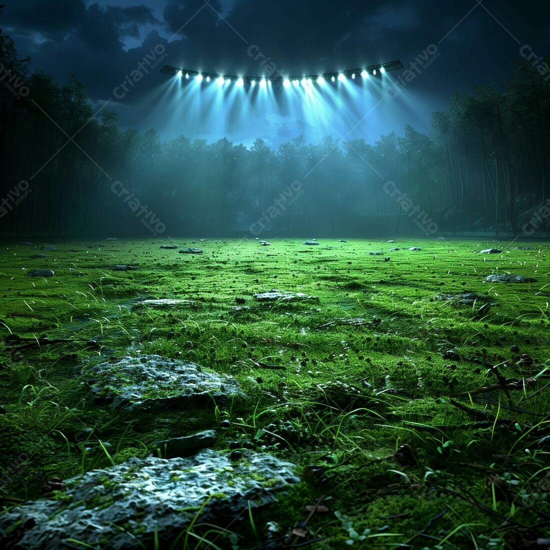 Campo gramado iluminado a noite na floresta