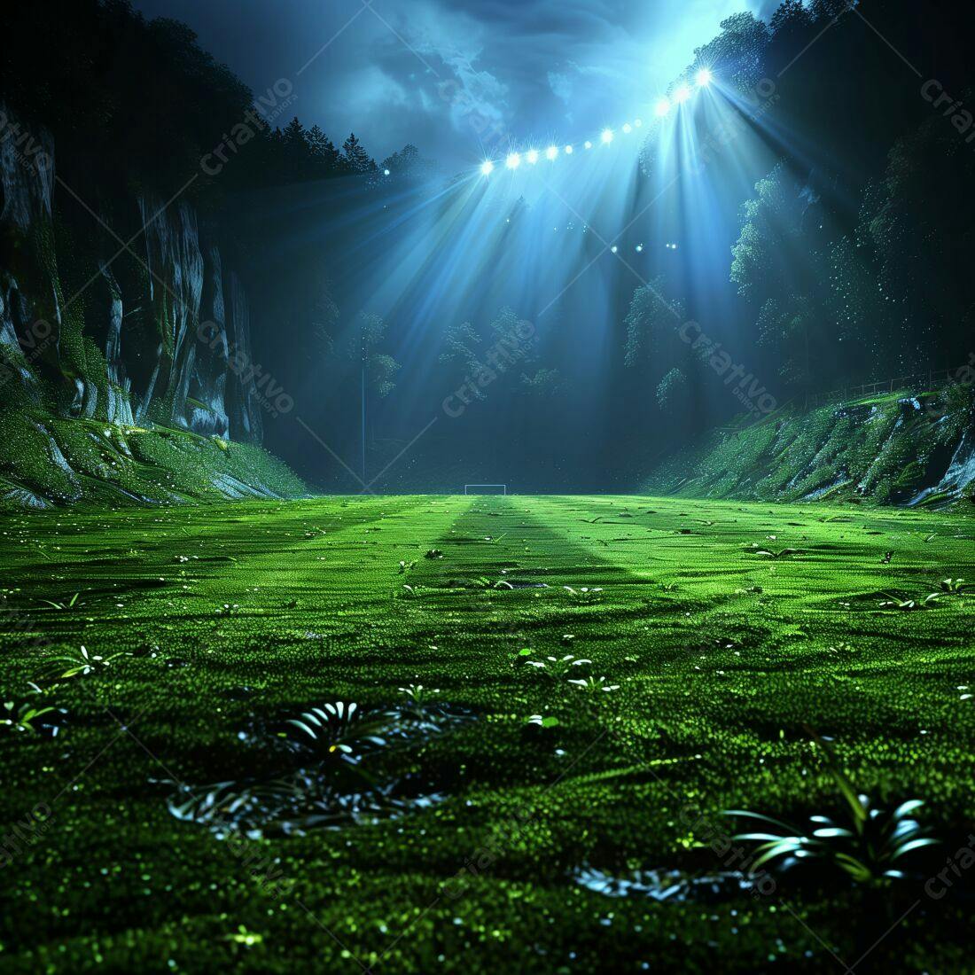 Campo de futebol noturno iluminado