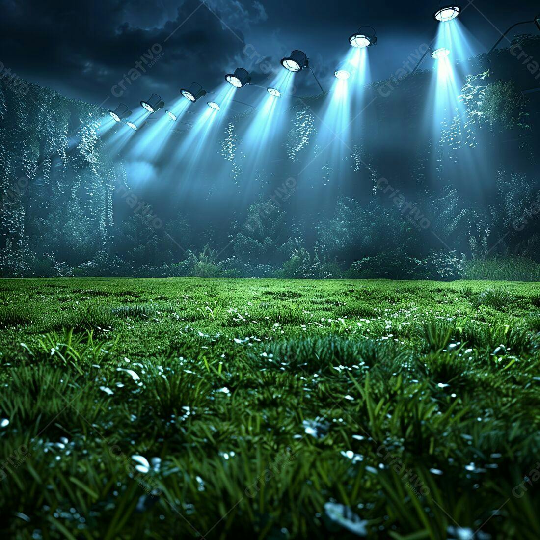 Campo gramado iluminado à noite
