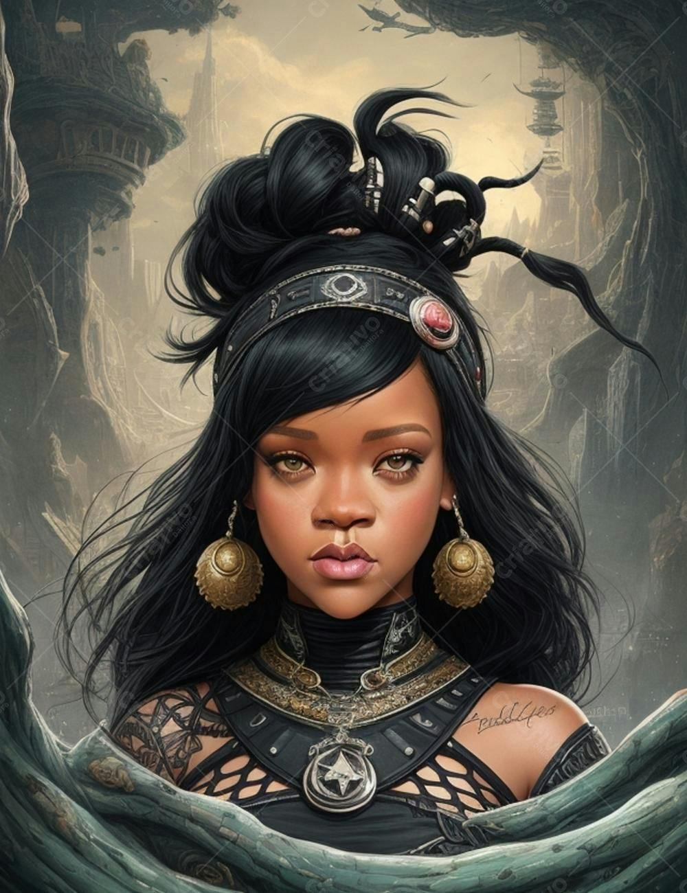 Retrato de Rihanna com joias e cenário fantástico