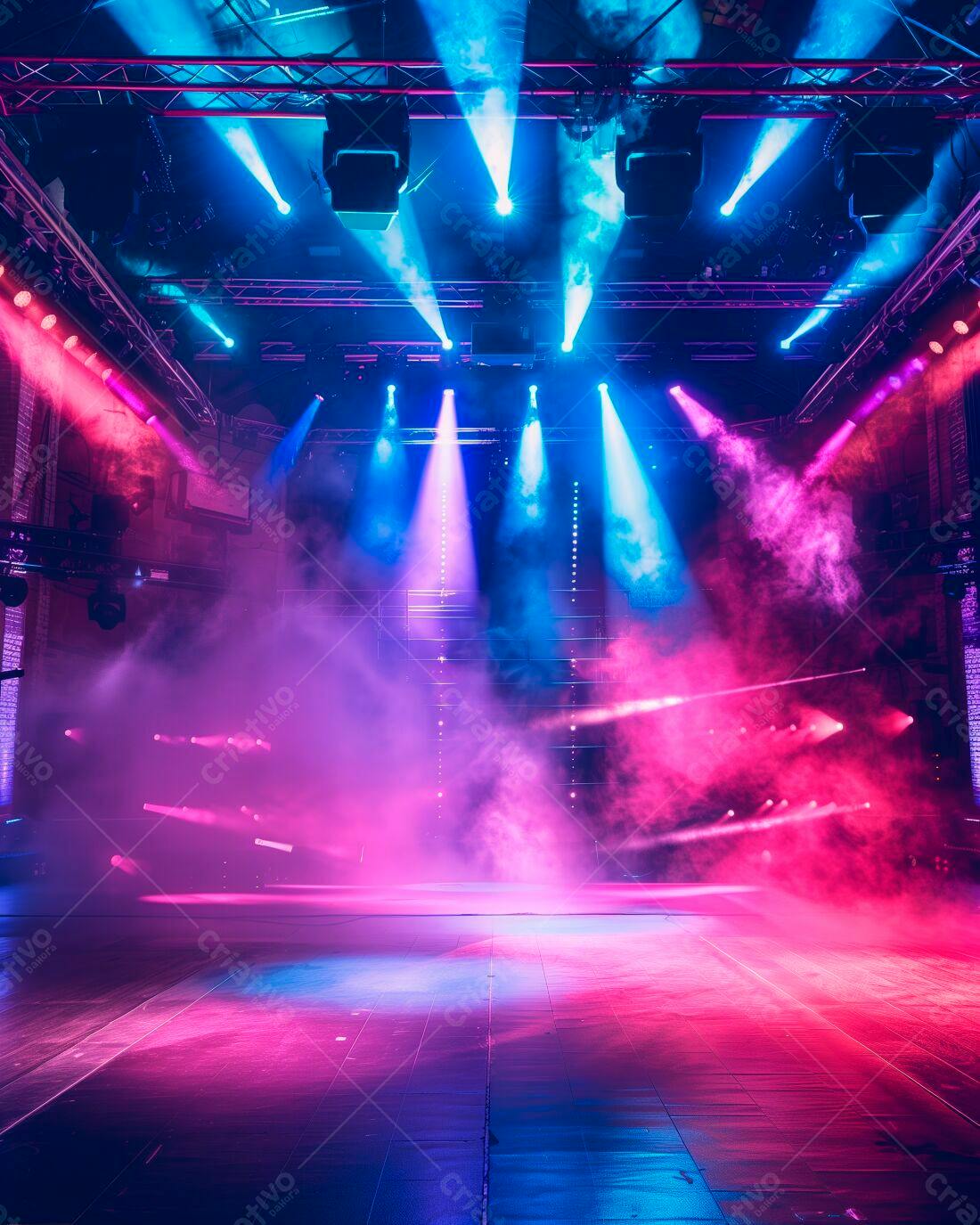 Palco iluminado com luzes rosa e azul