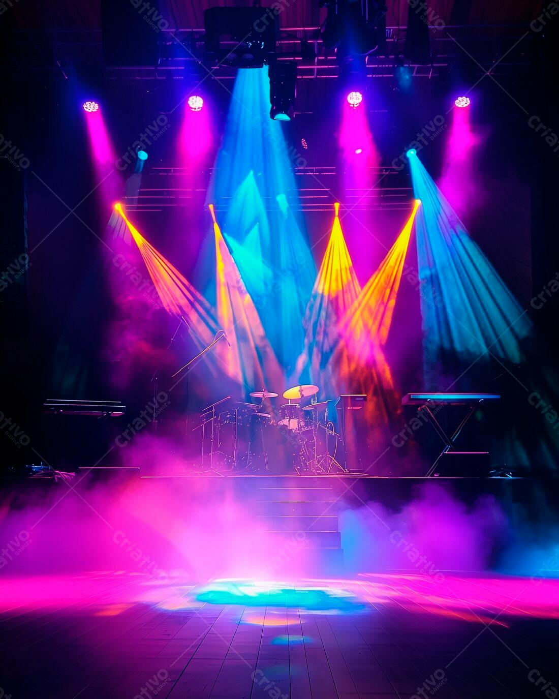 Palco iluminado com bateria e teclado